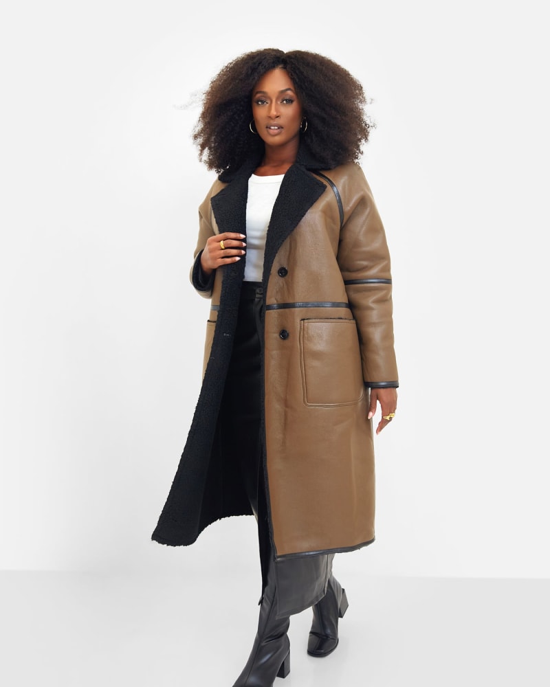 Solstice Faux Leather Sherpa Lined Coat Brown